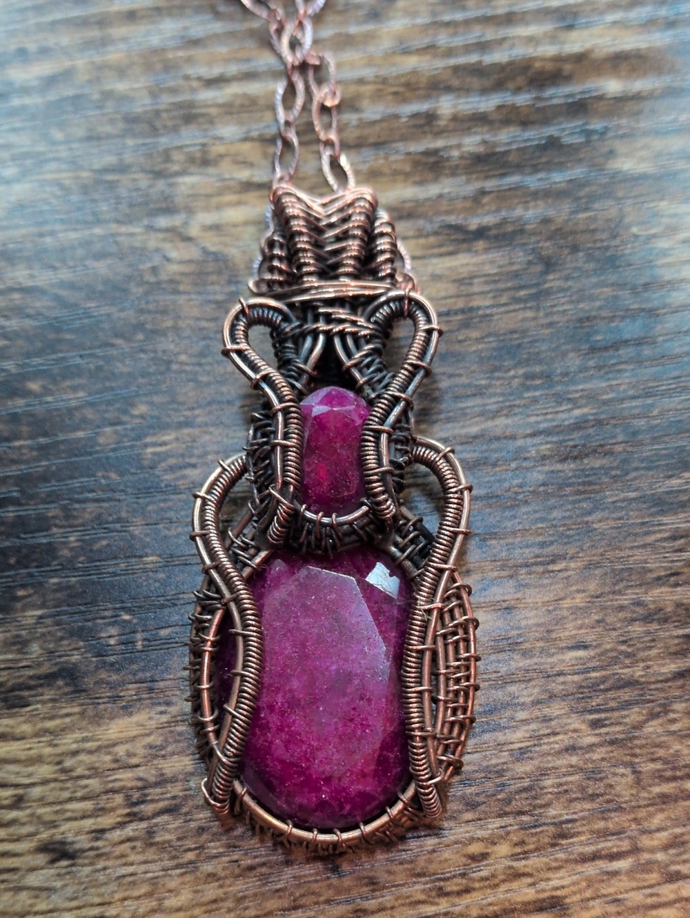 Handcrafted Copper Wire Wrapped Pink Ruby Pendant Necklace